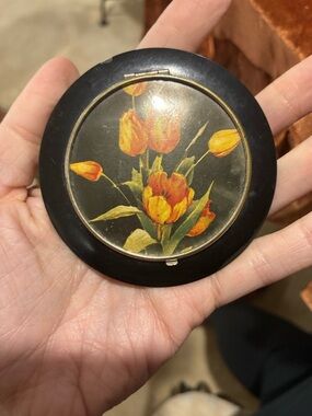 Vintage black and floral compact mirror